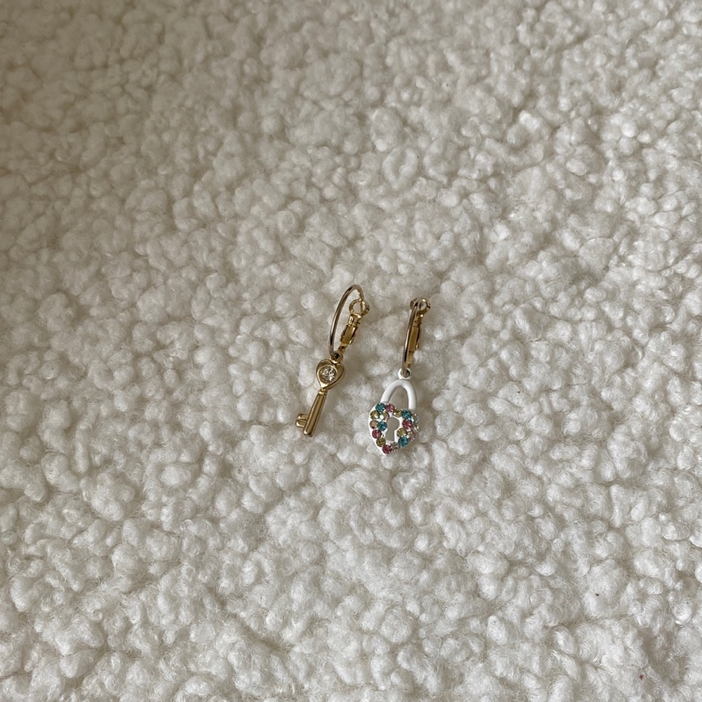 White Jeweled Key and Lock Earring